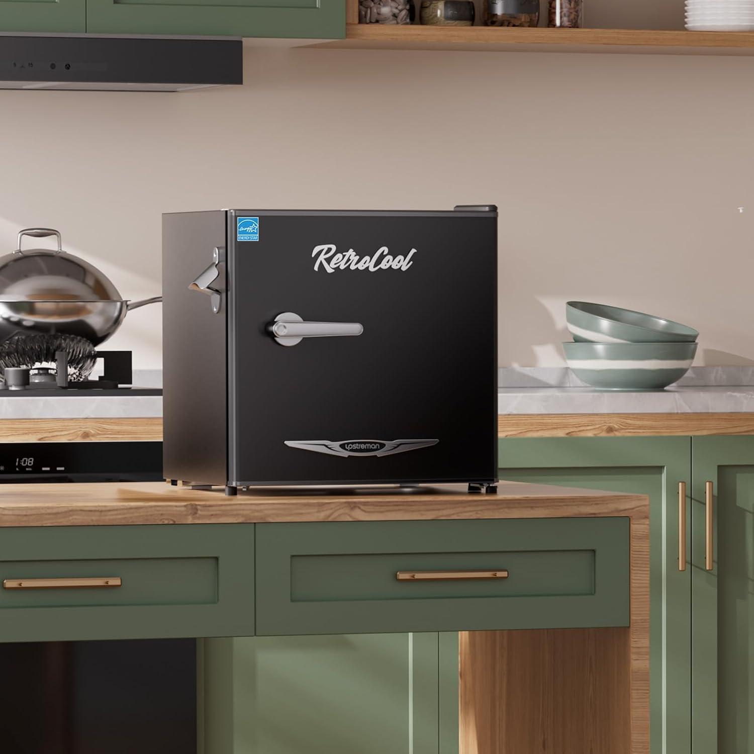 imageUpstreman 17 CuFt Retro Mini Fridge Low Noise Energy Saving Adjustable Thermostat Single Door Side Bottle Opener Metal Handle Compact Refrigerator for Office Bedroom DormFR17 PRO BlackBlack