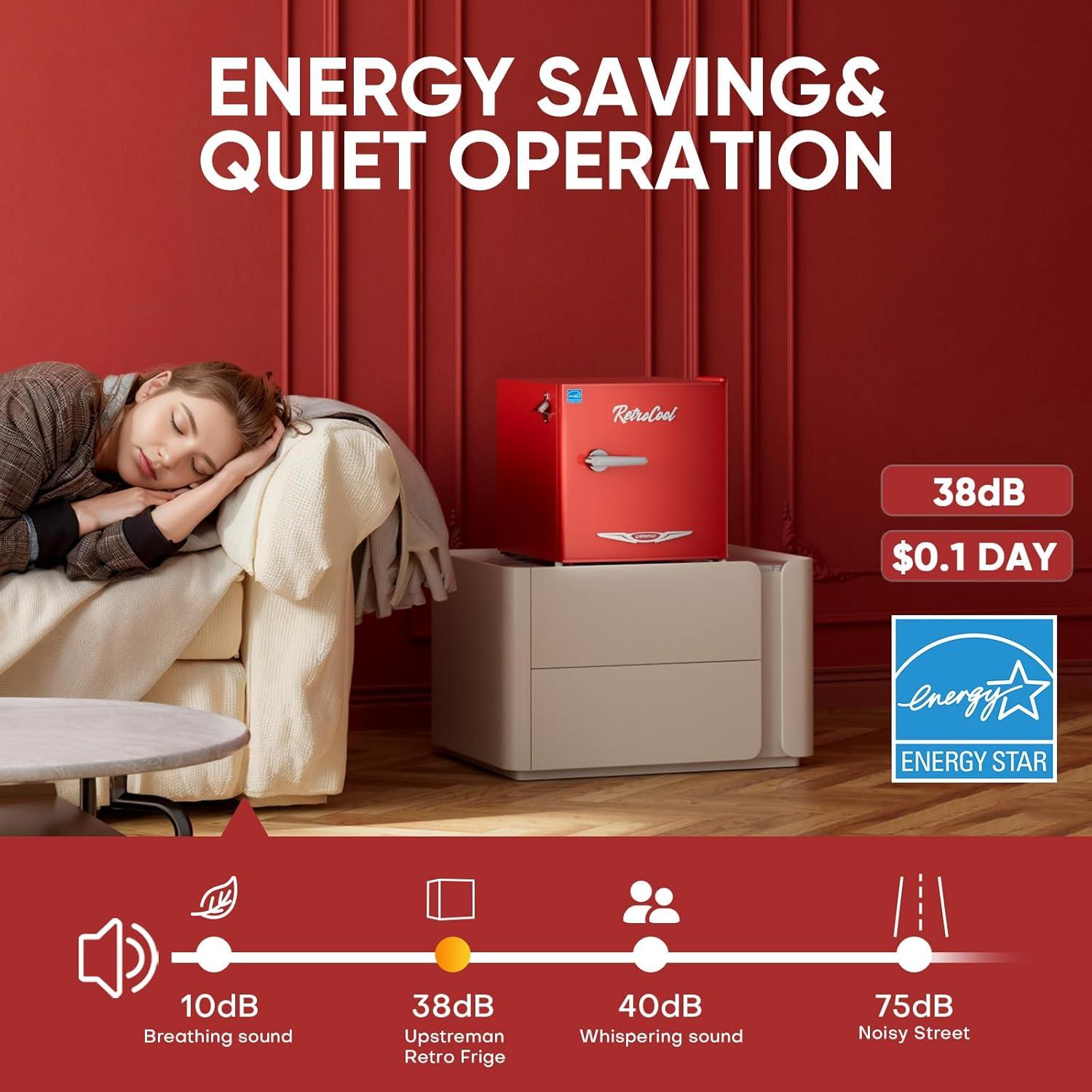 imageUpstreman 17 CuFt Retro Mini Fridge Low Noise Energy Saving Adjustable Thermostat Single Door Side Bottle Opener Metal Handle Compact Refrigerator for Office Bedroom DormFR17 PRO BlackRed