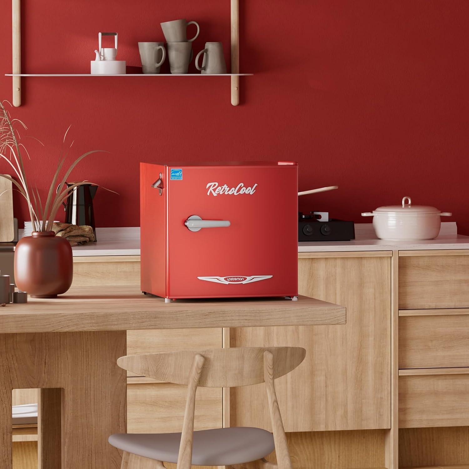 imageUpstreman 17 CuFt Retro Mini Fridge Low Noise Energy Saving Adjustable Thermostat Single Door Side Bottle Opener Metal Handle Compact Refrigerator for Office Bedroom DormFR17 PRO BlackRed