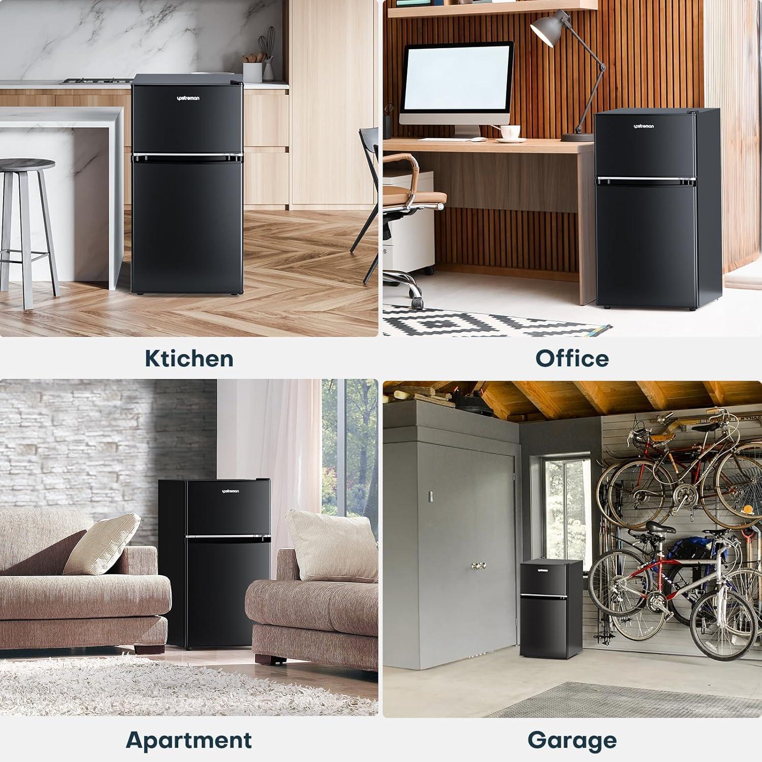 imageUpstreman 32 CuFt Mini Fridge with Freezer Double Door Mini Fridge Adjustable Thermostat Mini Refrigerator for Dorm Office Bedroom StainlessSD321Black