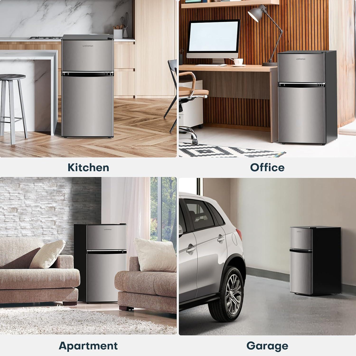 imageUpstreman 32 CuFt Mini Fridge with Freezer Double Door Mini Fridge Adjustable Thermostat Mini Refrigerator for Dorm Office Bedroom StainlessSD321Silver