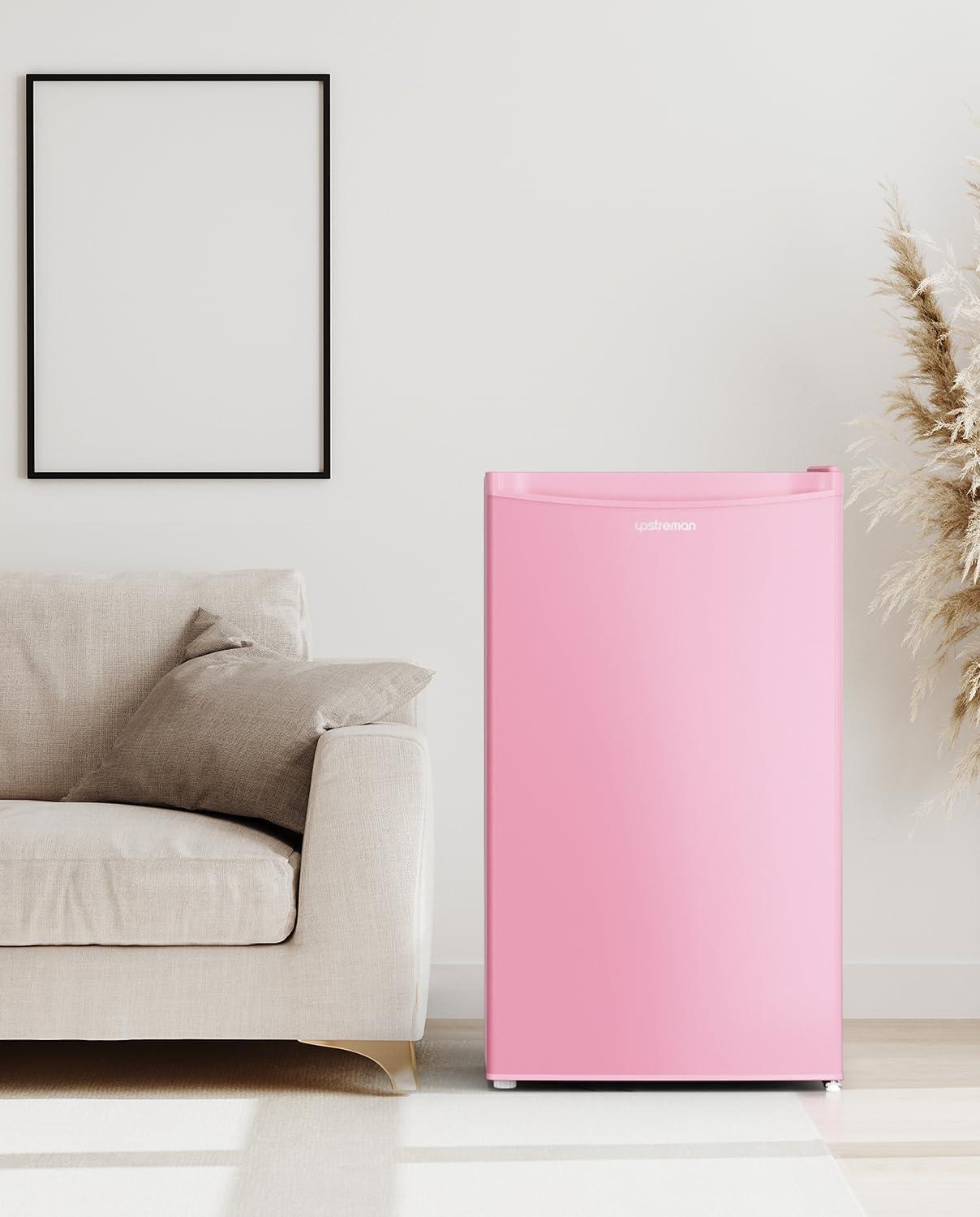 imageUpstreman 32 CuFt Mini Fridge with Freezer Single Door Mini Fridge Dorm Fridge Adjustable Thermostat Mini Refrigerator for Bedroom Office Dorm BlackBR321Cameo Pink