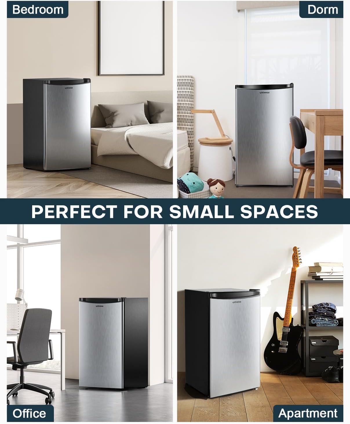 imageUpstreman 32 CuFt Mini Fridge with Freezer Single Door Mini Fridge Dorm Fridge Adjustable Thermostat Mini Refrigerator for Bedroom Office Dorm BlackBR321Stainless Steel