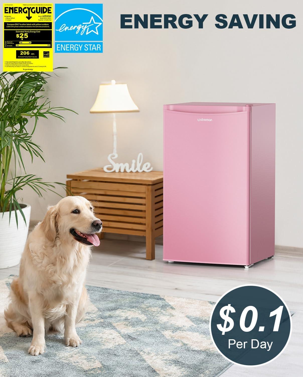 imageUpstreman 32 CuFt Mini Fridge with Freezer Single Door Mini Fridge Dorm Fridge Adjustable Thermostat Mini Refrigerator for Bedroom Office Dorm BlackBR321Cameo Pink