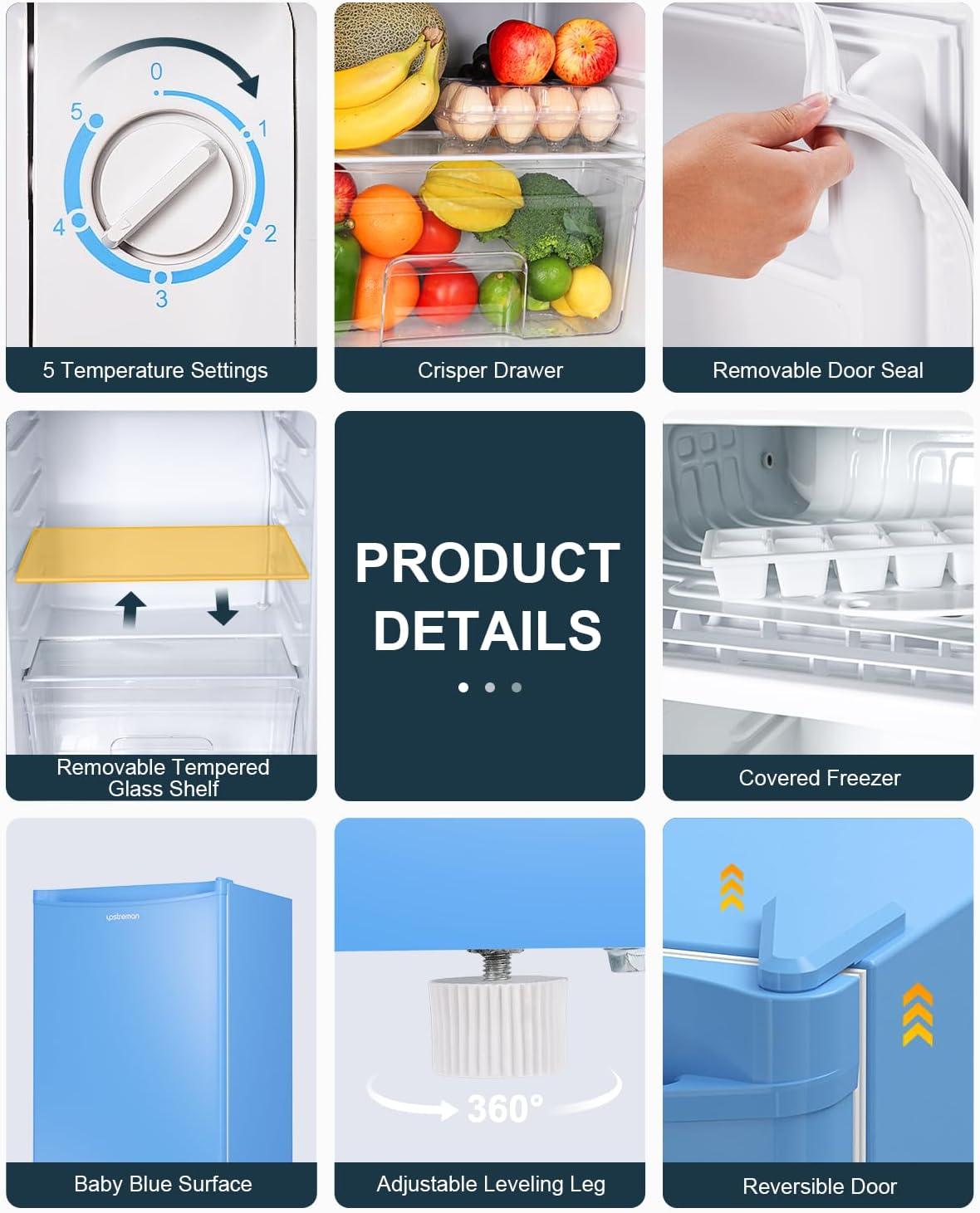 imageUpstreman 32 CuFt Mini Fridge with Freezer Single Door Mini Fridge Dorm Fridge Adjustable Thermostat Mini Refrigerator for Bedroom Office Dorm BlackBR321Baby Blue