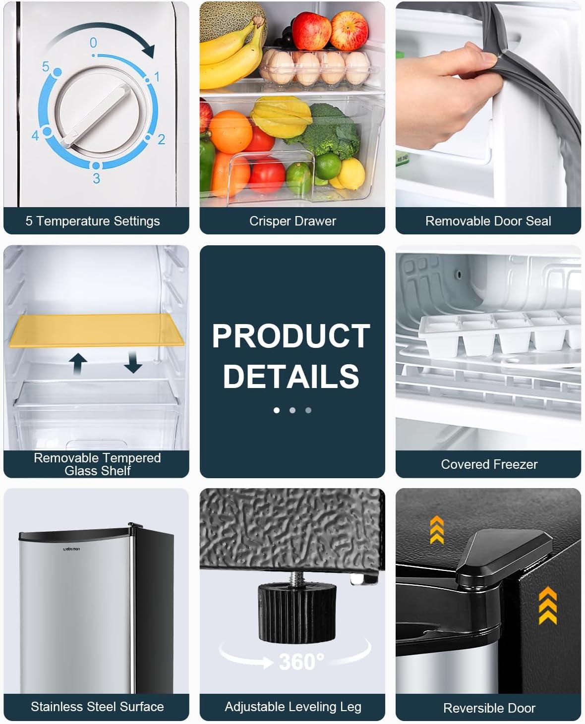 imageUpstreman 32 CuFt Mini Fridge with Freezer Single Door Mini Fridge Dorm Fridge Adjustable Thermostat Mini Refrigerator for Bedroom Office Dorm BlackBR321Stainless Steel