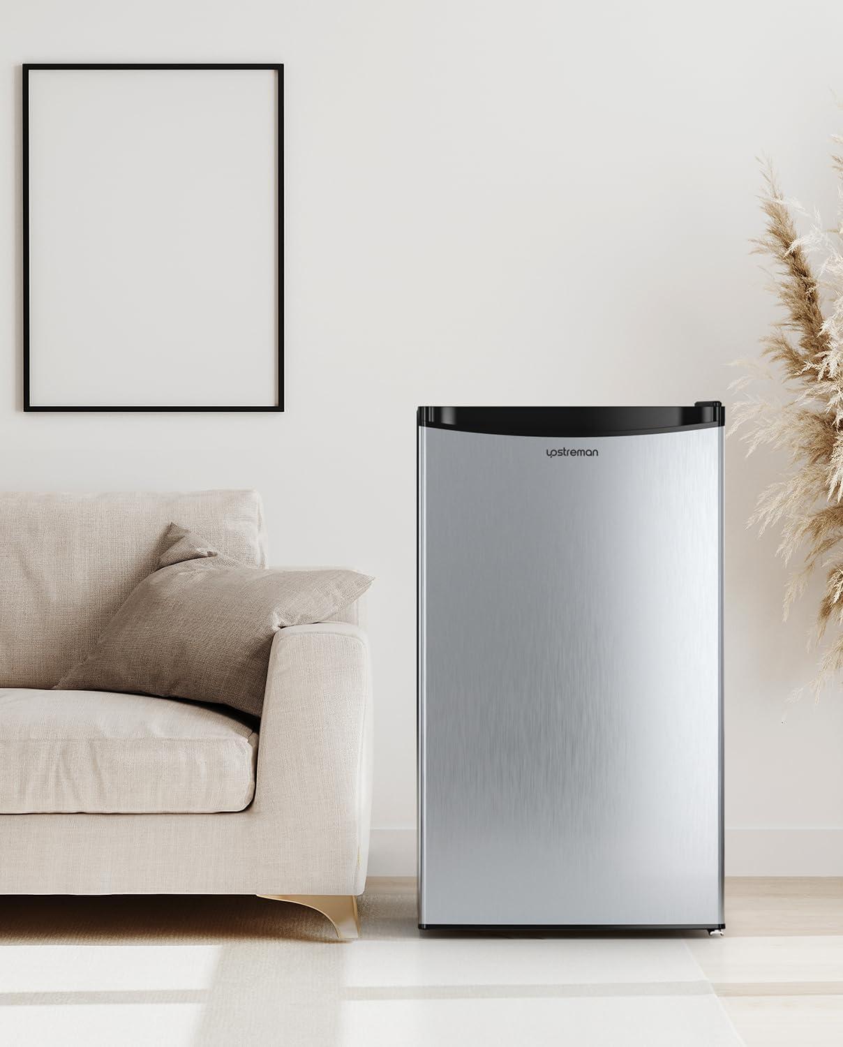 imageUpstreman 32 CuFt Mini Fridge with Freezer Single Door Mini Fridge Dorm Fridge Adjustable Thermostat Mini Refrigerator for Bedroom Office Dorm BlackBR321Stainless Steel