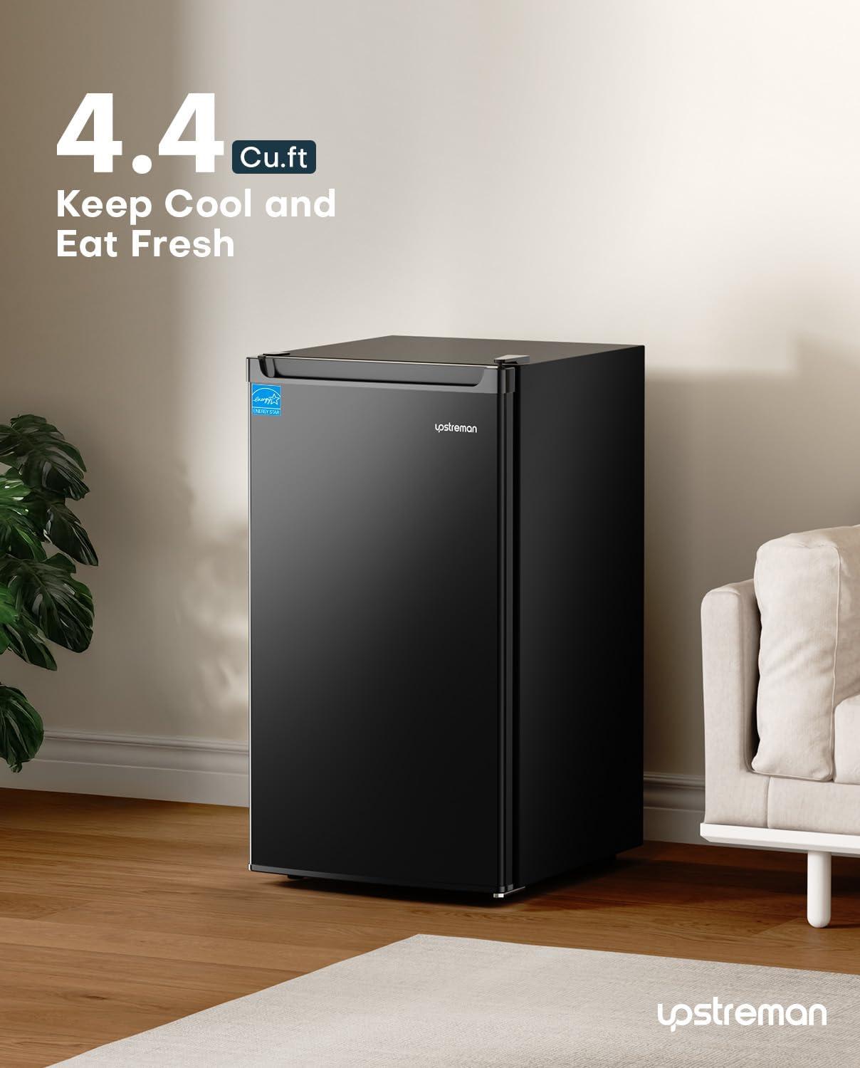 imageUpstreman 44 CuFt Mini Fridge with Freezer Single Door Mini Refrigerator for Bedroom Extra Large Capacity Energyefficient Small fridge for Office Dorm Kitchen BlackBR44