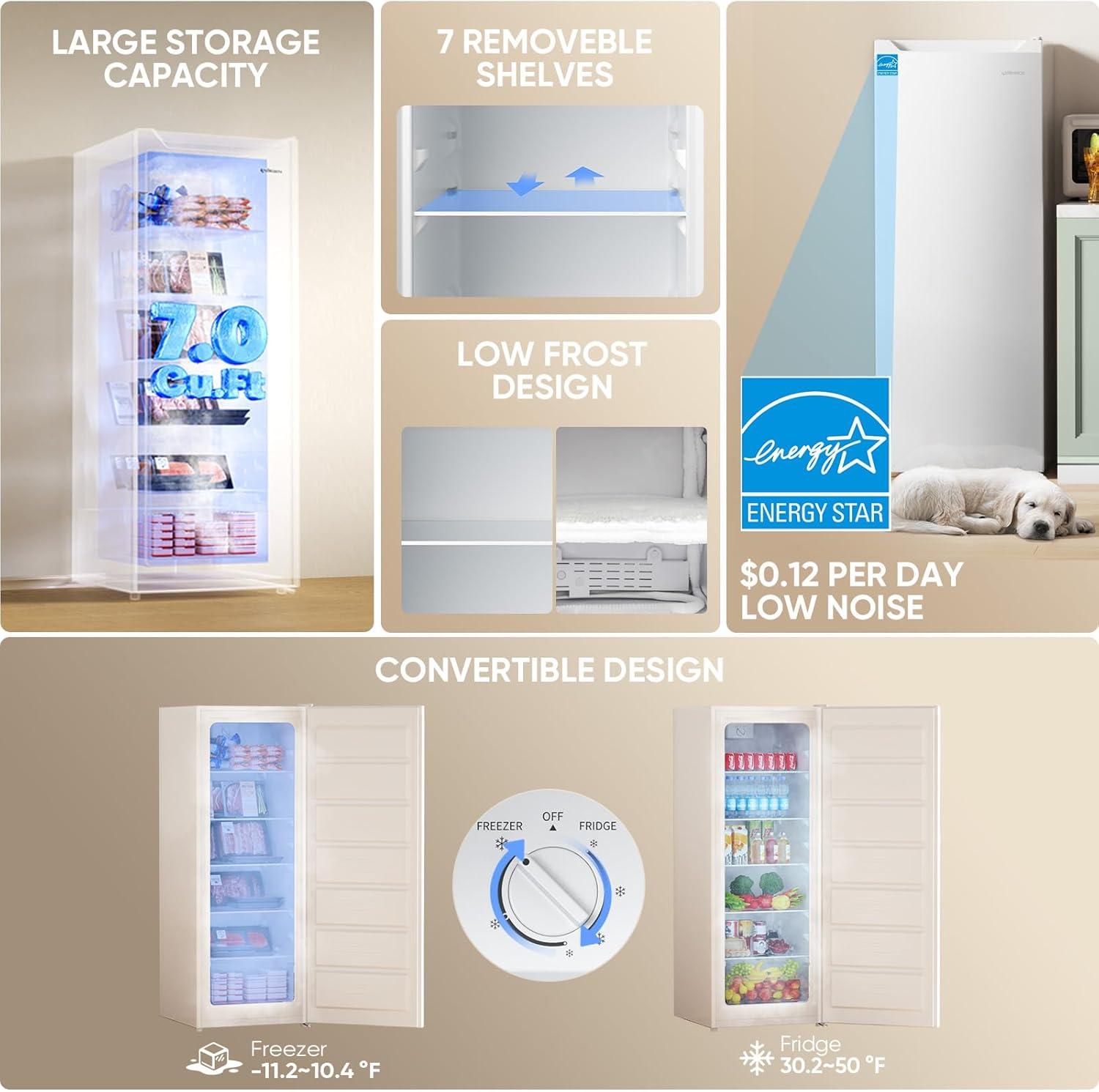 imageUpstreman 70 CuFt Convertible Upright Freezer with Large Capacity Convertible Design Energy Saving Quiet Operation Removable Shelves Suitable for Basement Dorm Apartment Office WhiteUF70