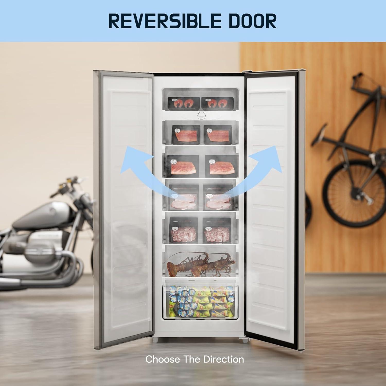 imageUpstreman 70 CuFt Upright Freezer Large Capacity Convertible RefrigeratorFreezer 5 Adjustable Shelves Energy Efficient Garage Ready Reversible Door for Basement Dorm ApartmentWhiteStainless