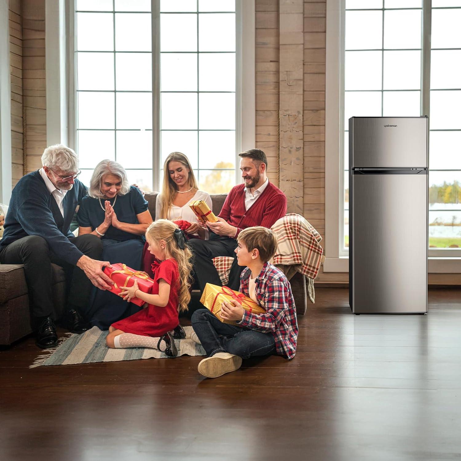 imageUpstreman 77 CuFt Refrigerator with Freezer Double Door Fridge Adjustable Thermostat Large Capacity Reversible Door Swing Refrigerator for Apartment Office Dorm BlackBD75Stainless