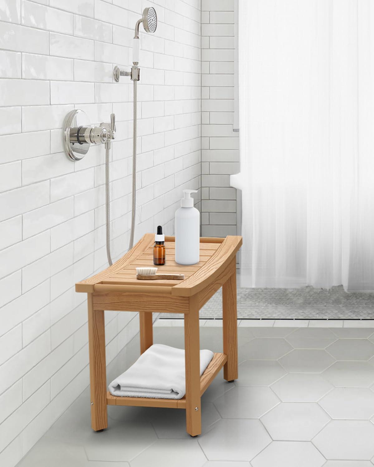 imageUpstreman Home Oversized Shower Bench Waterproof Shower Stool for Inside Shower NonSlip Shower Seat with Storage Shelf Poly Lumber Shower Bench for Bathroom Living Room 24quot Teak Color