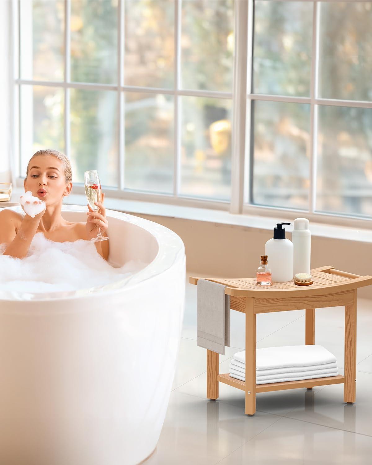 imageUpstreman Home Oversized Shower Bench Waterproof Shower Stool for Inside Shower NonSlip Shower Seat with Storage Shelf Poly Lumber Shower Bench for Bathroom Living Room 24quot Teak Color