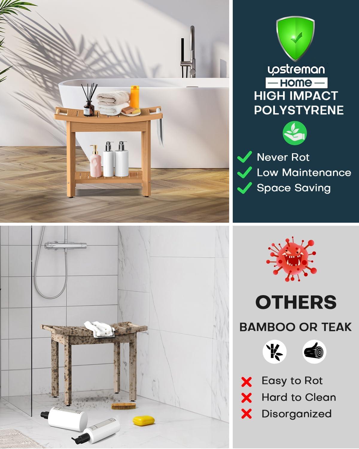 imageUpstreman Home Oversized Shower Bench Waterproof Shower Stool for Inside Shower NonSlip Shower Seat with Storage Shelf Poly Lumber Shower Bench for Bathroom Living Room 24quot Teak Color