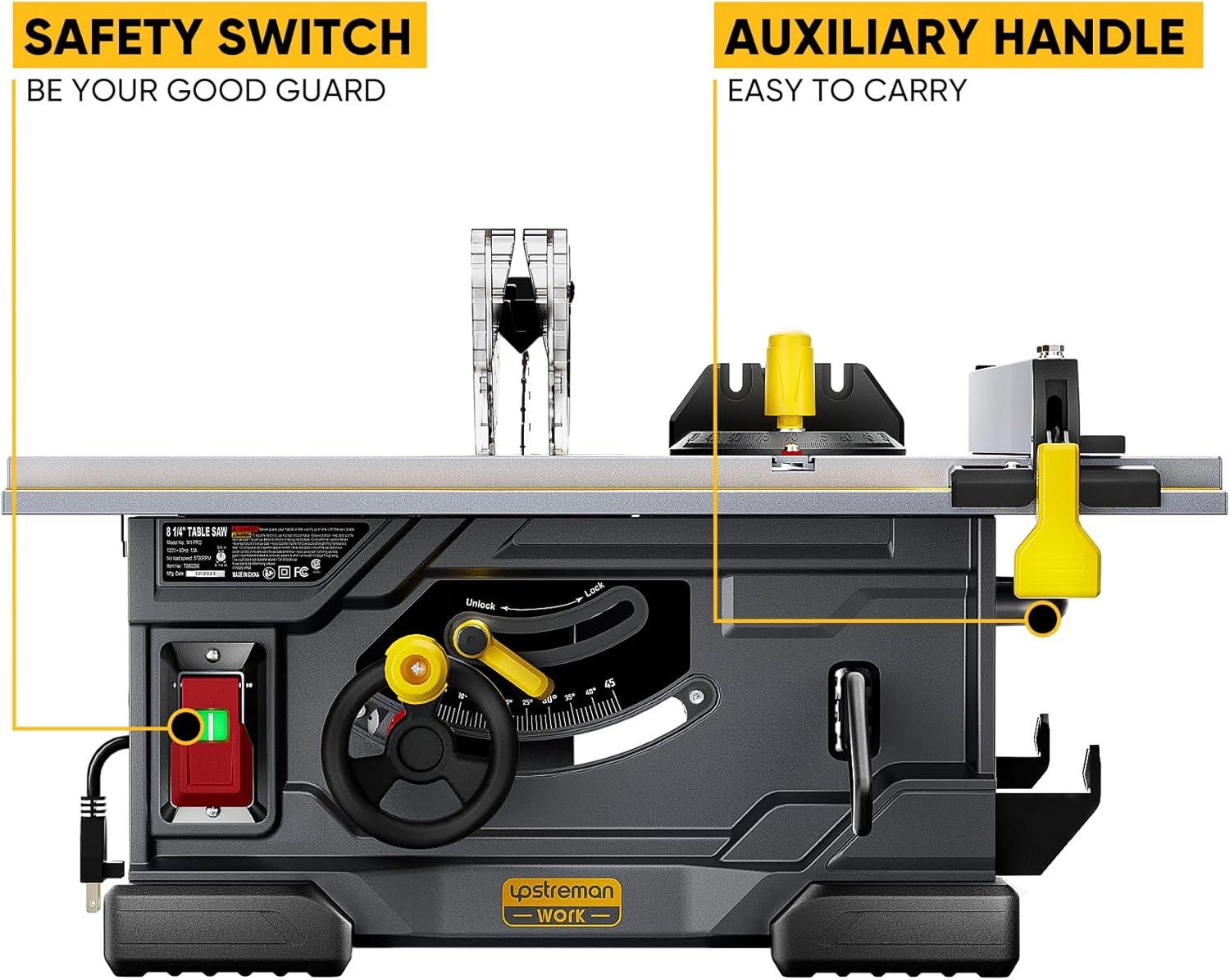 imageUpstreman Work M1 Pro Portable Table Saw 13Amp Compact Tablesaw 5700RPM 825quot 24T Blade Dust Collector Onboard Carrying Handle Easy to Carry Adjustable Cut Depth and Angle for DIY