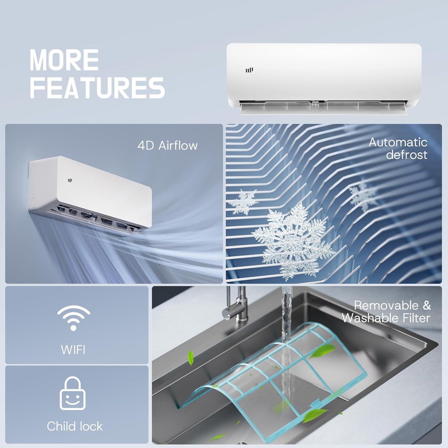 imageUpstreman 12000 BTU Mini Split Air Conditioner 115230V Mini Split AC Unit Heating system Energy Efficient Inverter AC 20 SEER2 Energy Saving Wifi Enabled with Mounting Brackets 230V230V