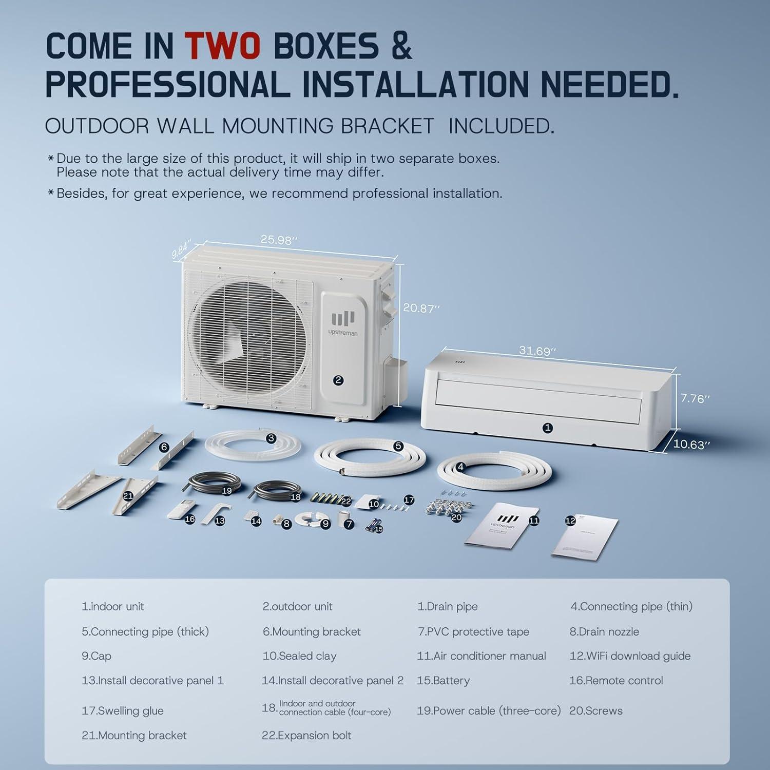 imageUpstreman 12000 BTU Mini Split Air Conditioner 115230V Mini Split AC Unit Heating system Energy Efficient Inverter AC 20 SEER2 Energy Saving Wifi Enabled with Mounting Brackets 230V230V