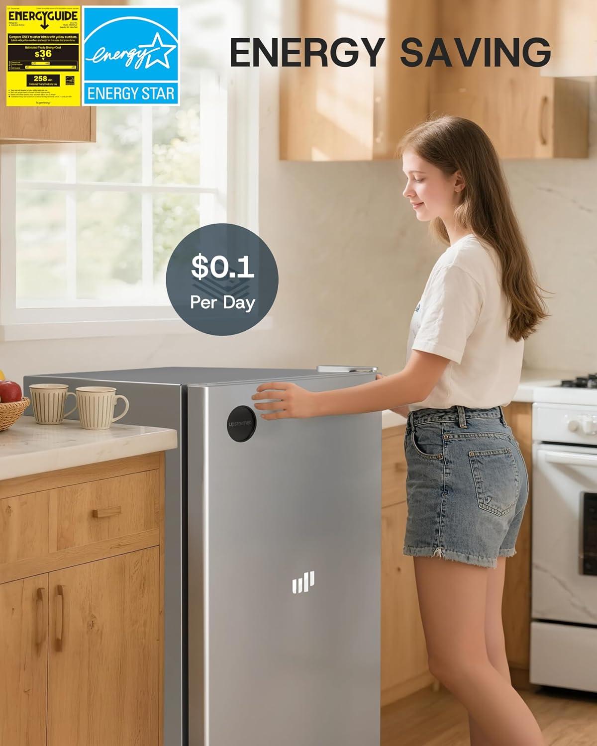 imageUpstreman 32 CuFt AllRefrigerator Mini Fridge Energy Star Certified Adjustable Thermostat Reversible Door LED Lamp Compact Refrigerator for Office Bedroom or Dorm SilverCR32