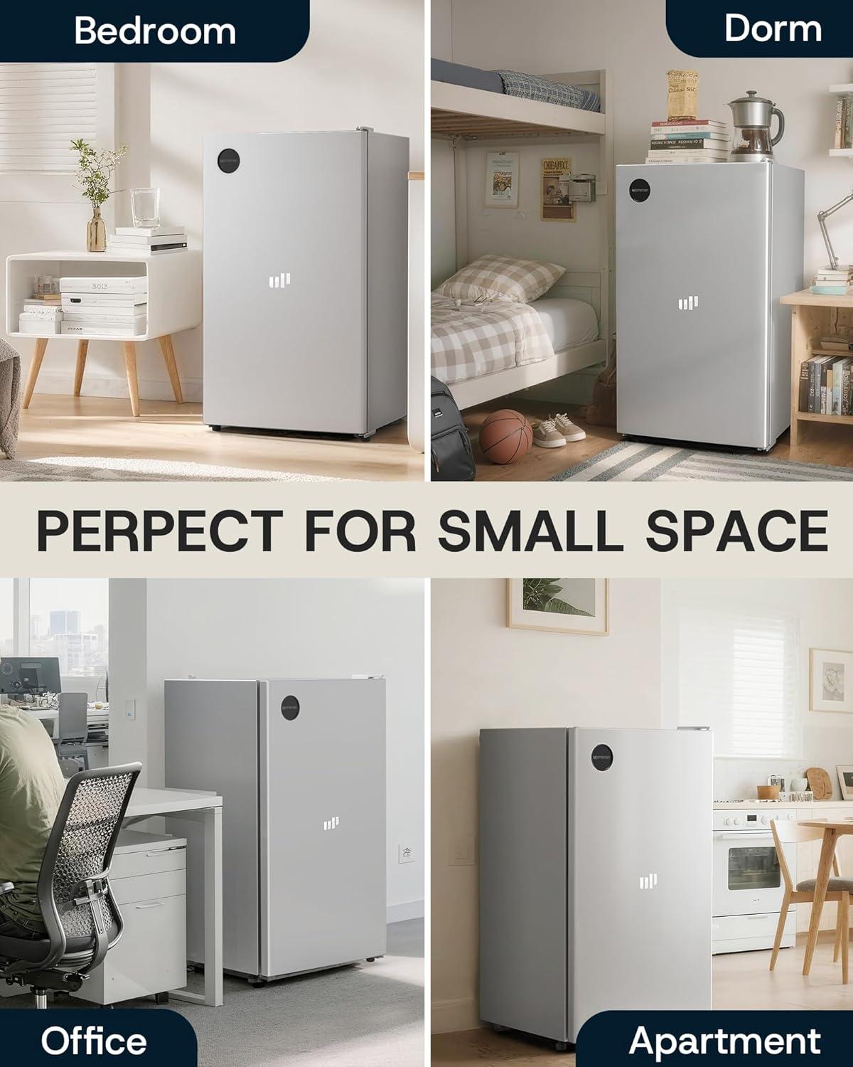 imageUpstreman 32 CuFt AllRefrigerator Mini Fridge Energy Star Certified Adjustable Thermostat Reversible Door LED Lamp Compact Refrigerator for Office Bedroom or Dorm SilverCR32