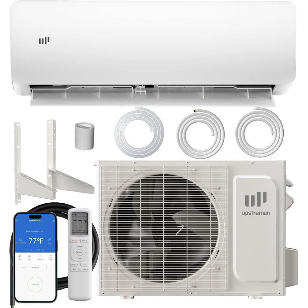 imageUpstreman 12000 BTU Mini Split Air Conditioner 115230V Mini Split AC Unit Heating system Energy Efficient Inverter AC 20 SEER2 Energy Saving Wifi Enabled with Mounting Brackets 230V230V