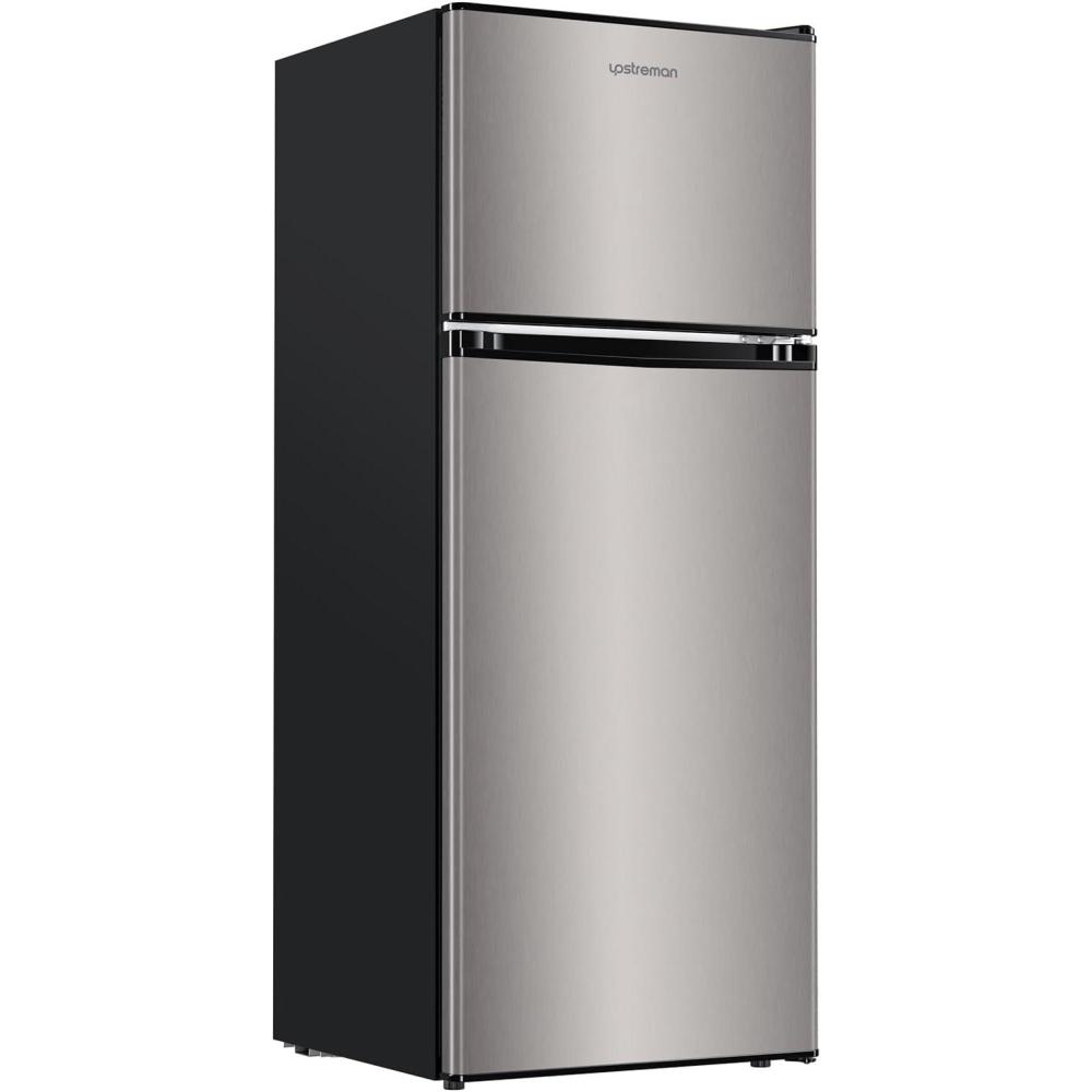 imageUpstreman 40 CuFt Mini Fridge with Freezer Dorm Essentials Double Door Small Refrigerator for Office Dorm Bedroom Adjustable Thermostat Large Capacity BlackBR401Stainless