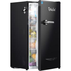 imageUpstreman 32 CuFt Retro Mini Fridge with Bottle Opener Energy Saving Adjustable Thermostat Metal Handle LED Lamp Mini Refrigerator for Bedroom Office DormBR321 PRO BlackBlack