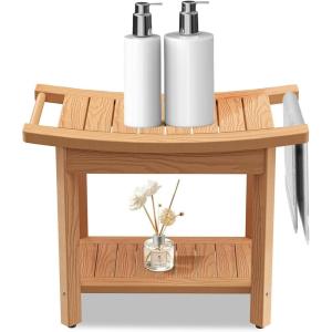 imageUpstreman Home Oversized Shower Bench Waterproof Shower Stool for Inside Shower NonSlip Shower Seat with Storage Shelf Poly Lumber Shower Bench for Bathroom Living Room 24quot Teak Color