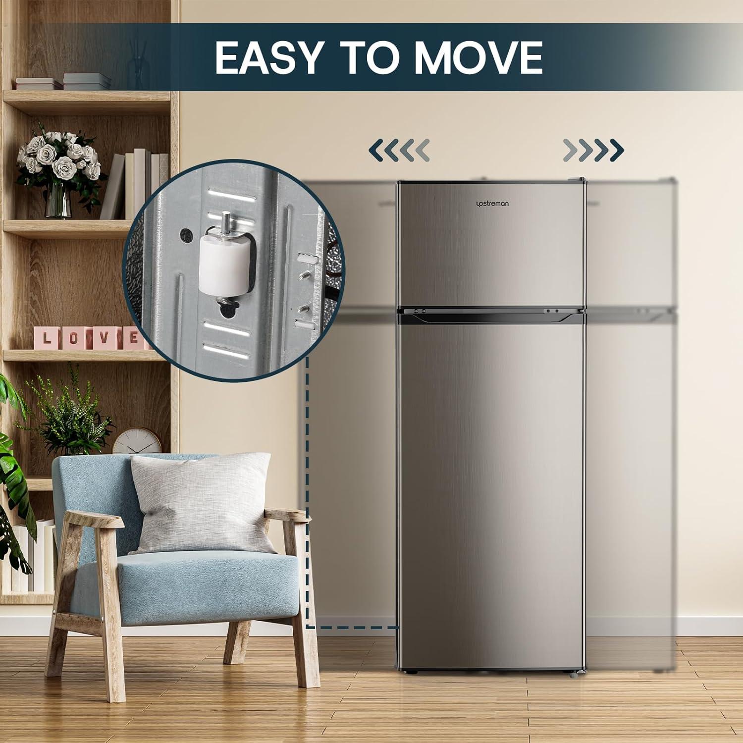 imageUpstreman 77 Cu Ft Refrigerator with Freezer Double Door Fridge with Adjustable Thermostat Reversible Door Large Capacity Refrigerator for Apartment Dorm Office Kitchen Red BD75Stainless