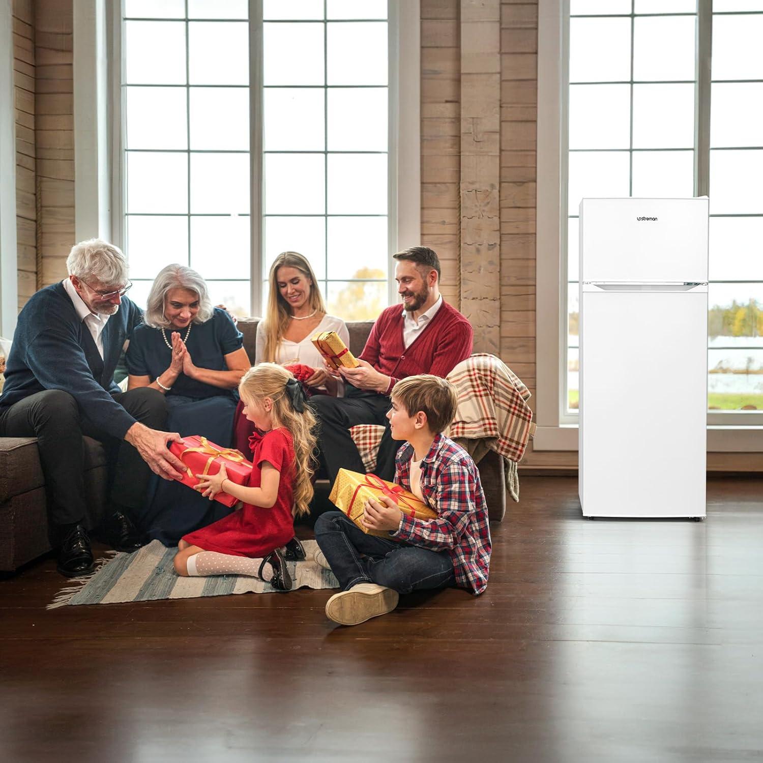 imageUpstreman 77 Cu Ft Refrigerator with Freezer Double Door Fridge with Adjustable Thermostat Reversible Door Large Capacity Refrigerator for Apartment Dorm Office Kitchen Red BD75White