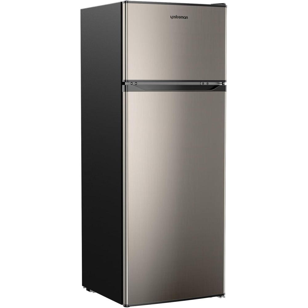 imageUpstreman 77 Cu Ft Refrigerator with Freezer Double Door Fridge with Adjustable Thermostat Reversible Door Large Capacity Refrigerator for Apartment Dorm Office Kitchen Red BD75Stainless