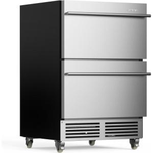 imageUpstreman 24 Inch Under Counter Double Drawer Refrigerator Waterproof Stainless Steel Outdoor Refrigerator Grid Organizers LED Light Builtin or Freestanding Beverage Fridge for HomePatio BR50D